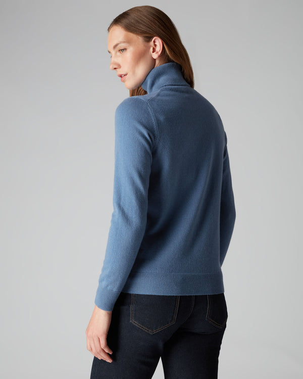 N.Peal Women's Polo Neck Cashmere Sweater Alpine Blue
