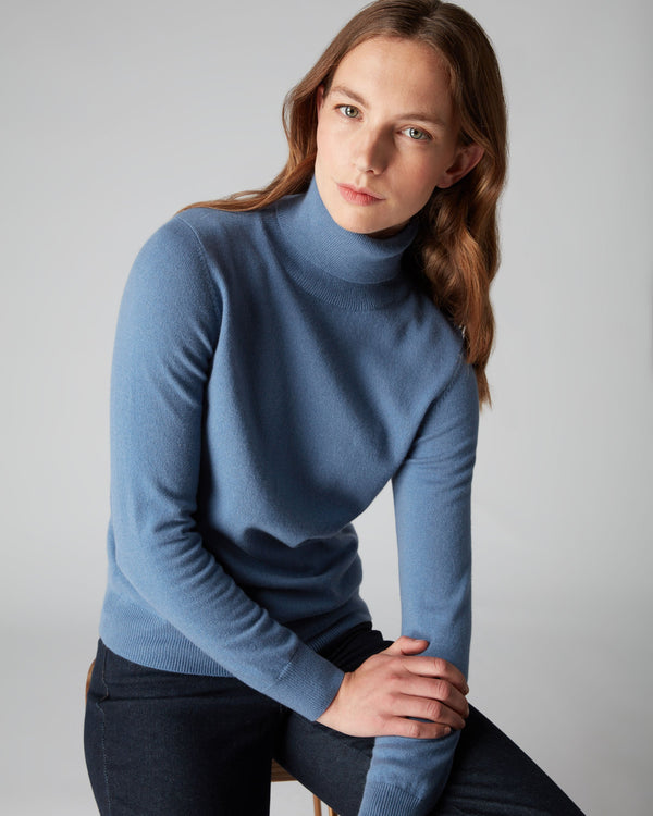 N.Peal Women's Polo Neck Cashmere Sweater Alpine Blue