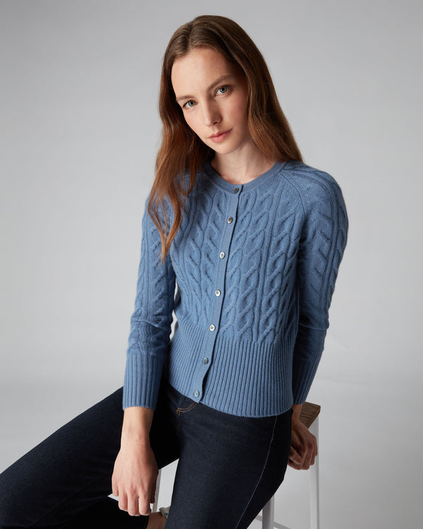 N.Peal Women's Cable Cashmere Cardigan Alpine Blue