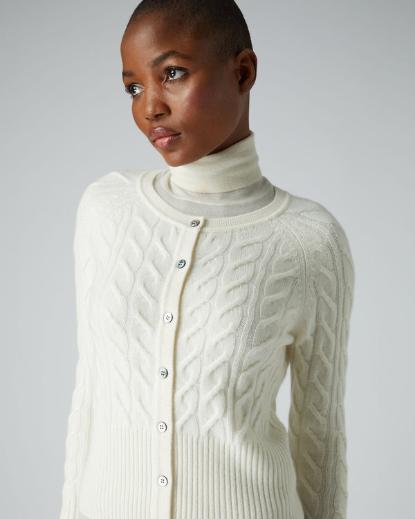 N.Peal Women's Cable Cashmere Cardigan New Ivory White