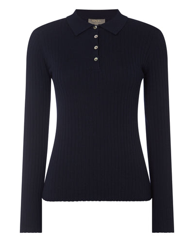 N.Peal Women's Superfine Collared Rib Cashmere Sweater Navy Blue