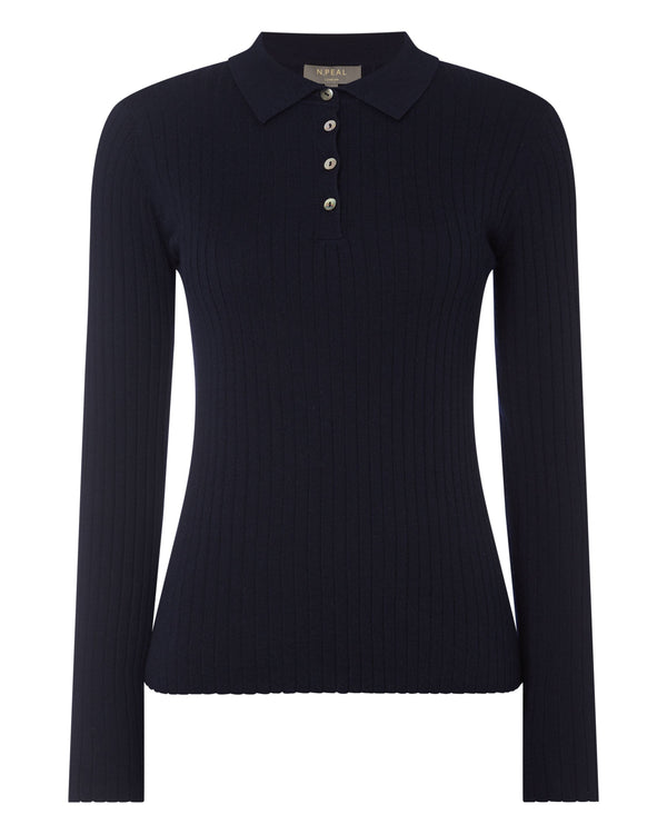 Women's Collared Rib Cashmere Sweater Navy Blue | N.Peal