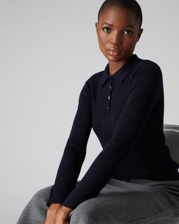 N.Peal Women's Superfine Collared Rib Cashmere Sweater Navy Blue