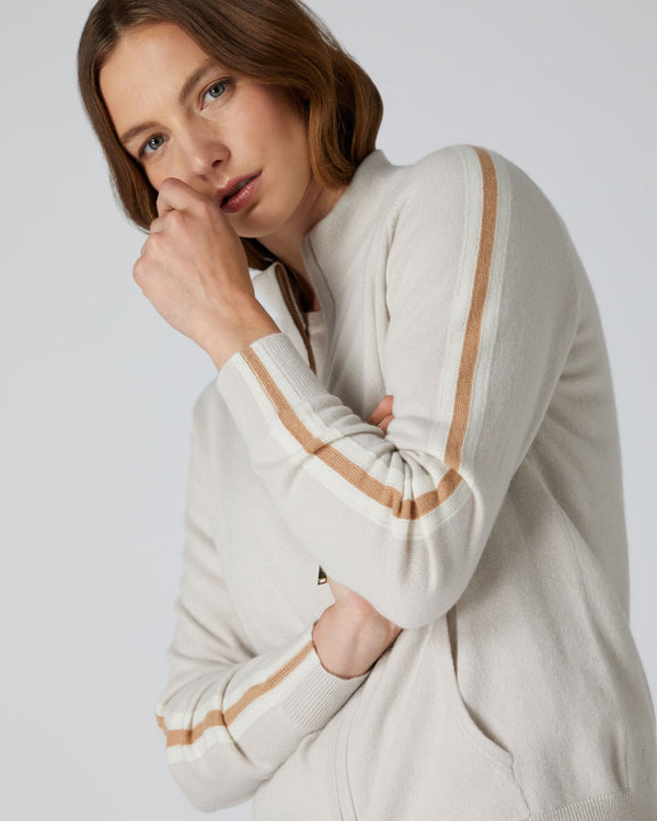N.Peal Women's Stripe Sleeve Cashmere Sweater Snow Grey