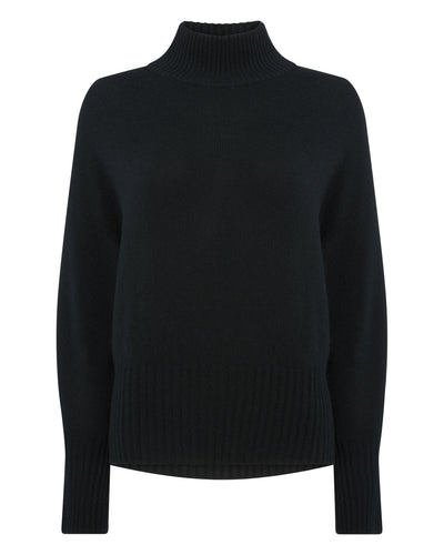 N.Peal Women's Mock Neck Curved Hem Cashmere Sweater Black