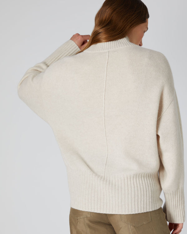 N.Peal Women's Mock Neck Curved Hem Cashmere Sweater Ecru White