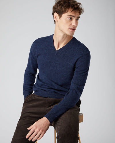 N.Peal Men's The Burlington V Neck Cashmere Sweater Imperial Blue