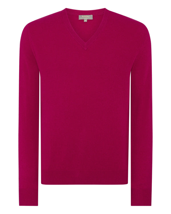 N.Peal Men's The Burlington V Neck Cashmere Sweater Raspberry Pink