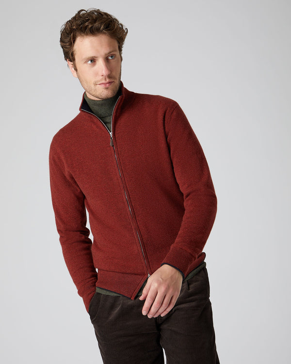 N.Peal Men's The Knightsbridge Zip Cashmere Sweater Copper Orange