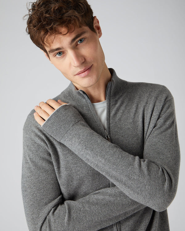 N.Peal Men's The Knightsbridge Zip Cashmere Sweater Elephant Grey