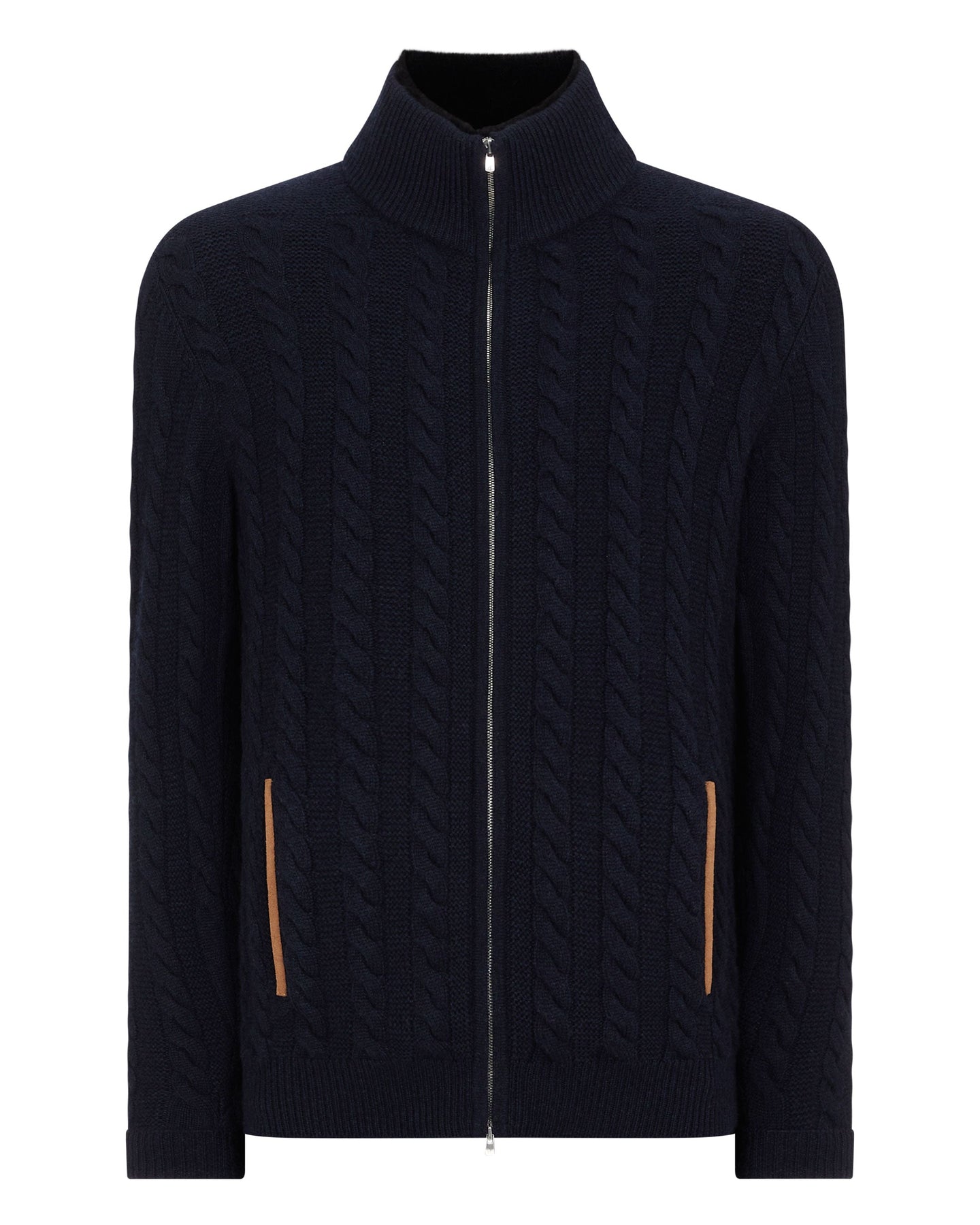 N.Peal Men's Fur Collar Cable Cashmere Cardigan Navy Blue