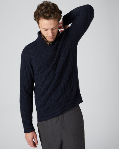 N.Peal Men's The Hampstead Cable Cashmere Sweater Navy Blue