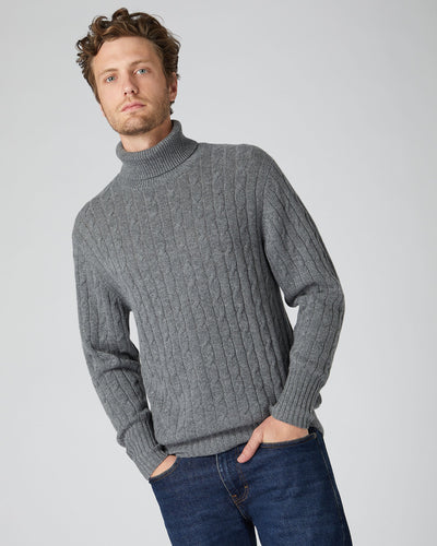N.Peal Men's Classic Cable Turtle Neck Cashmere Sweater Elephant Grey