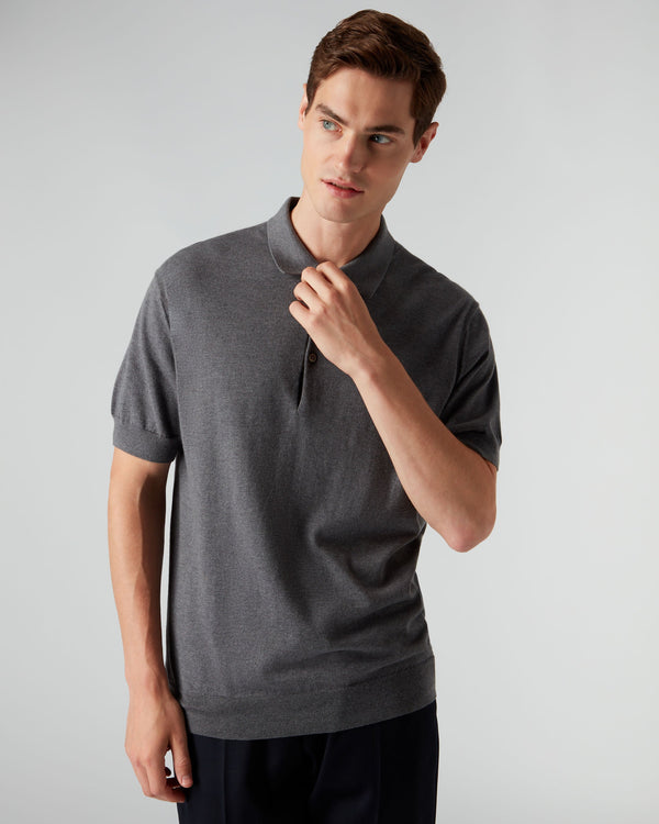 N.Peal 007 Short Sleeve Cotton Cashmere Collared Polo T Shirt Smoke Grey