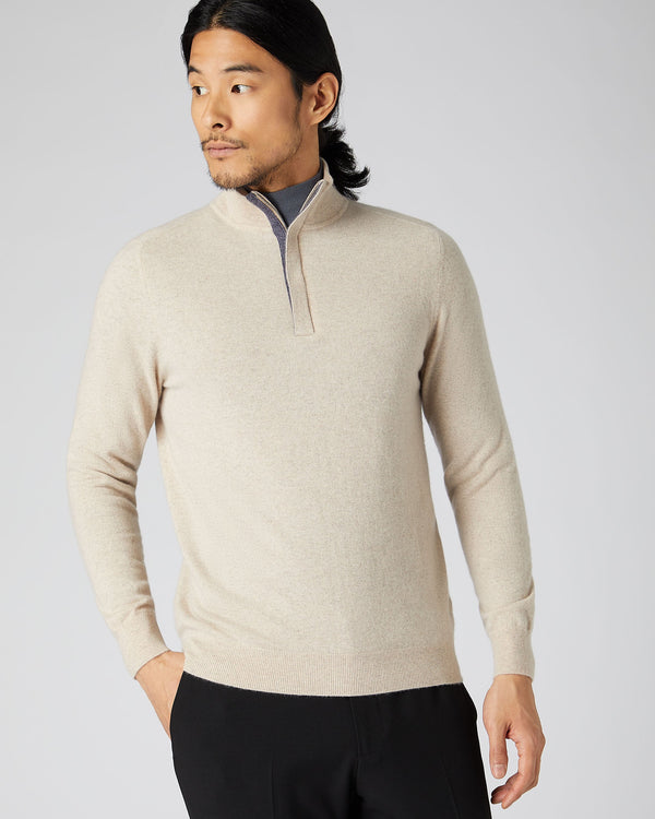 N.Peal Men's Baby Cashmere Half Zip Sweater Oatmeal Brown