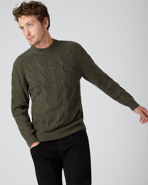 N.Peal Men's Multi Cable Round Neck Cashmere Sweater Moss Green