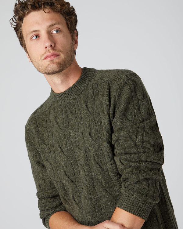 N.Peal Men's Multi Cable Round Neck Cashmere Sweater Moss Green