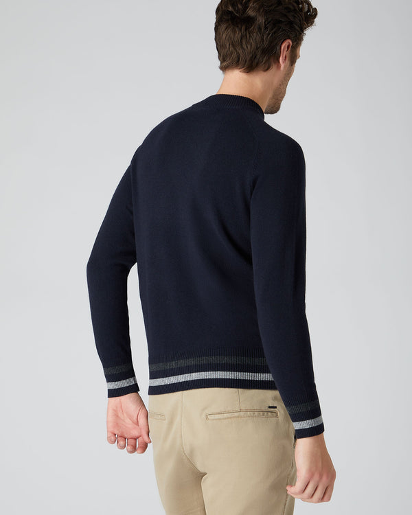 N.Peal Men's Stripe Rib Round Neck Sweater Navy Blue