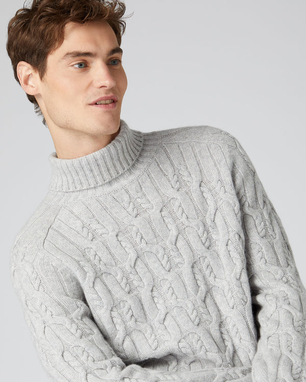 N.Peal Men's Textured Cable Turtle Neck Cashmere Sweater Fumo Grey