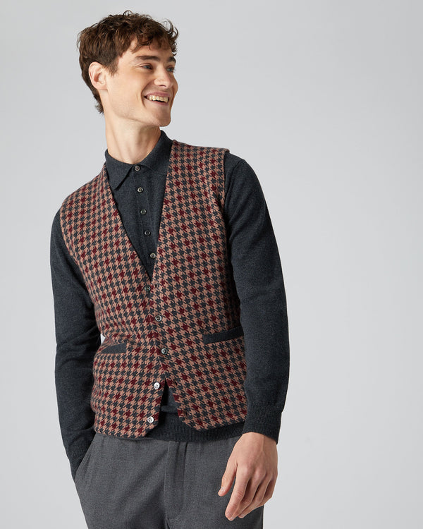 N.Peal Men's Houndstooth Milano Cashmere Waistcoat Coconut Brown