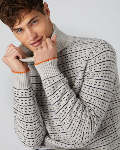 N.Peal Men's Pattern Stitch Turtle Neck Cashmere Sweater Snow Grey