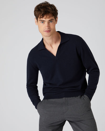 N.Peal Men's Cashmere Polo Sweater Navy Blue