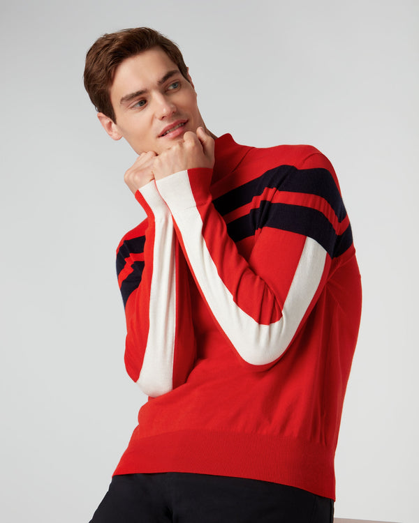 N.Peal Men's Turtle Neck Stripe Sweater Red