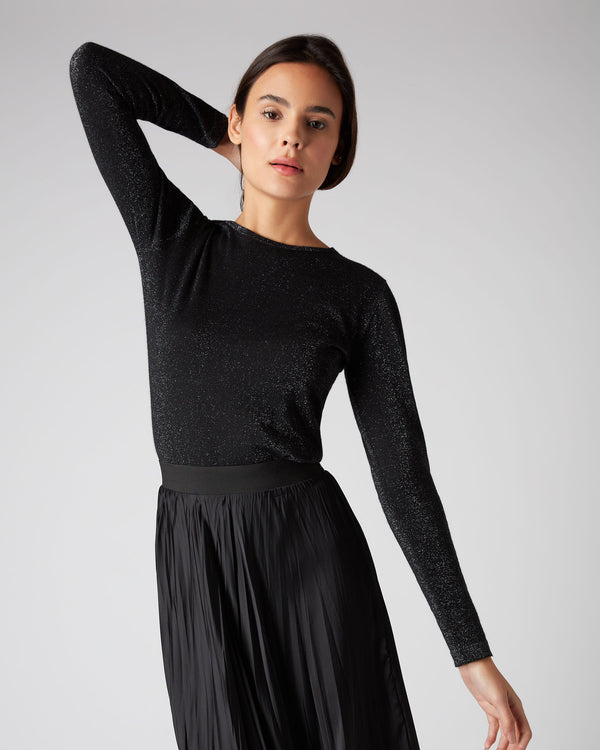 N.Peal Women's Superfine Long Sleeve Cashmere Top With Lurex Black Sparkle