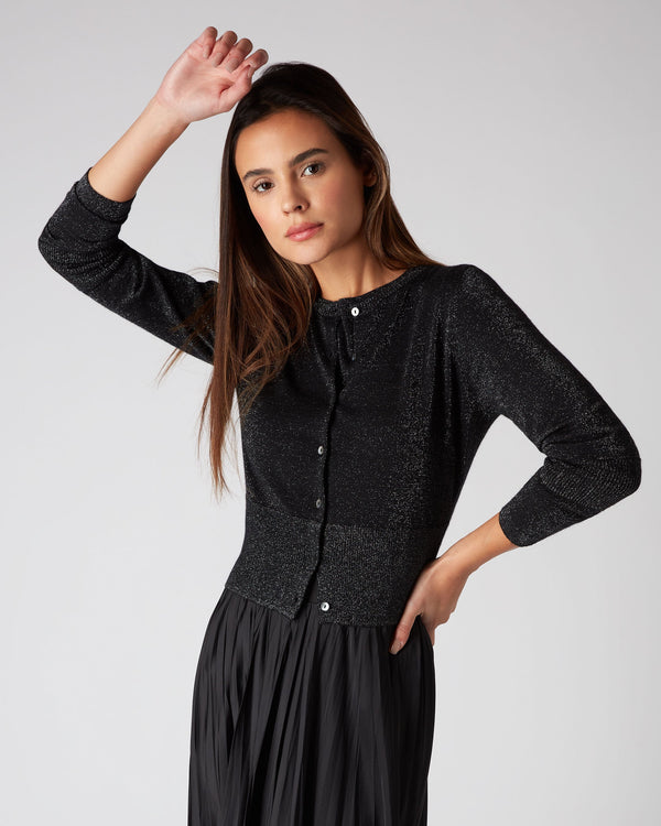 N.Peal Women's Superfine Cropped Cashmere Cardigan With Lurex Black Sparkle