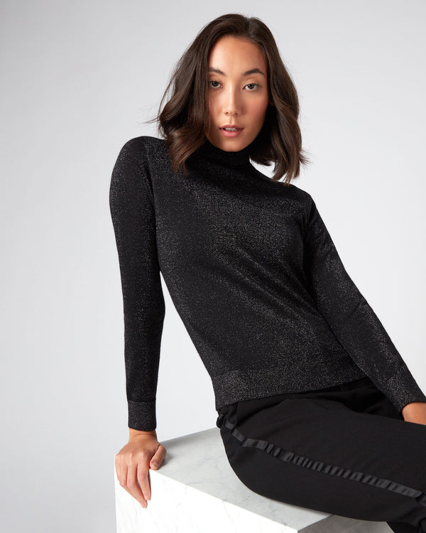 N.Peal Women's Superfine Turtle Neck Cashmere Sweater With Lurex Black Sparkle