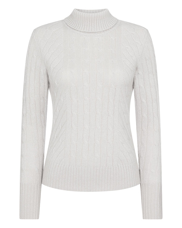 N.Peal Women's Cable Turtle Neck Cashmere Sweater With Lurex Snow Grey Sparkle