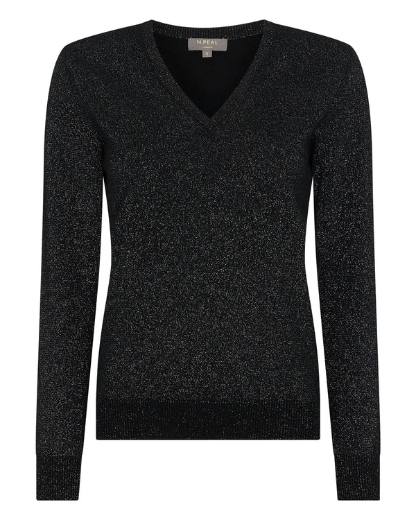 N.Peal Women's V Neck Cashmere Sweater With Lurex Black Sparkle