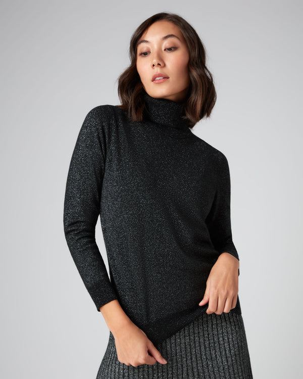 N.Peal Women's Polo Neck Cashmere Sweater With Lurex Black Sparkle