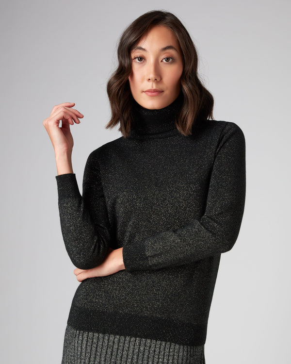 N.Peal Women's Polo Neck Cashmere Sweater With Lurex Black Sparkle