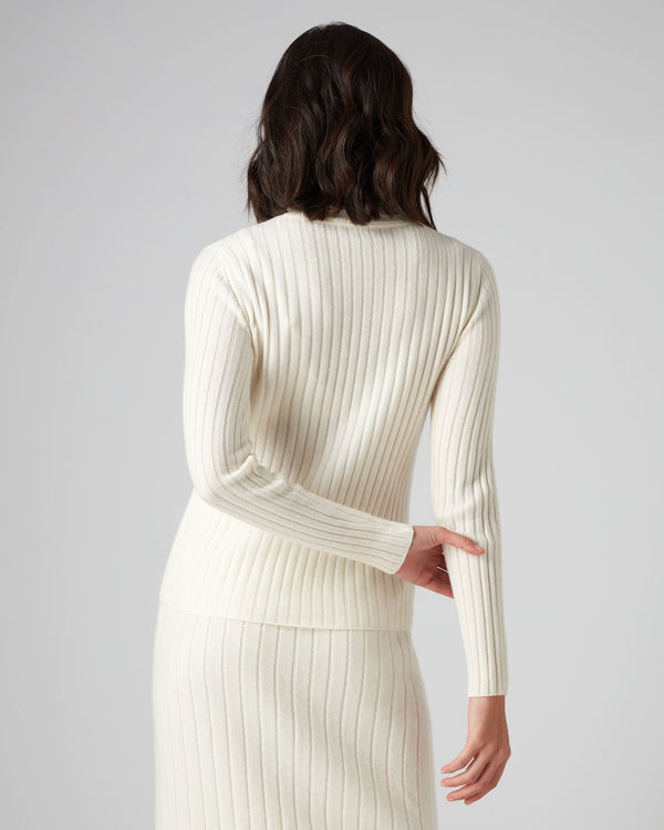 N.Peal Women's Ribbed Turtle Neck Cashmere Sweater New Ivory White