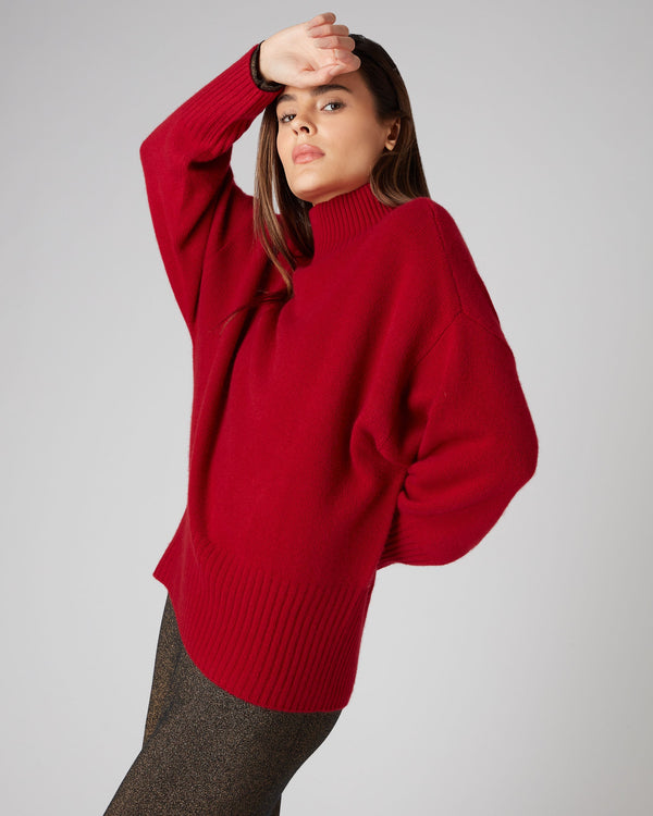 N.Peal Women's Mock Neck Curved Hem Cashmere Sweater Ruby Red