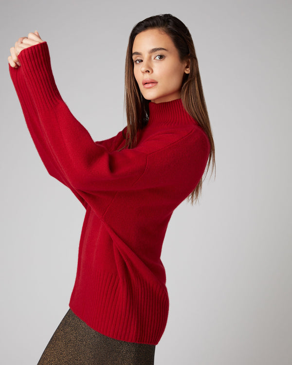 N.Peal Women's Mock Neck Curved Hem Cashmere Sweater Ruby Red