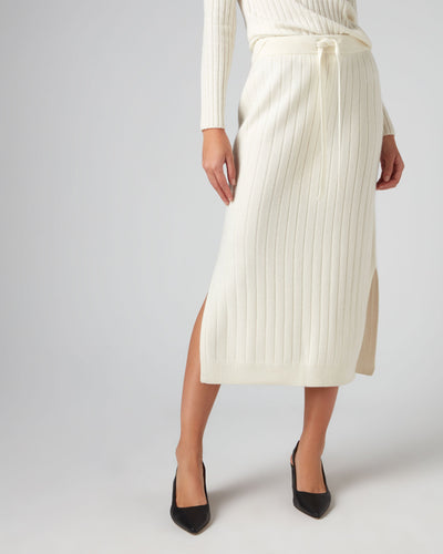 N.Peal Women's Wide Rib Cashmere Skirt New Ivory White