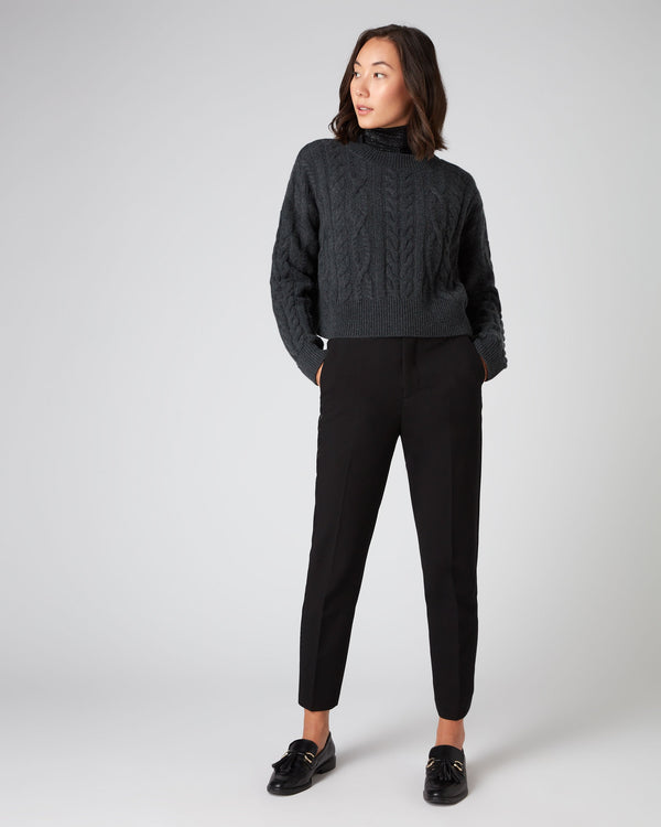 N.Peal Women's Crop Cable Cashmere Sweater Dark Charcoal Grey