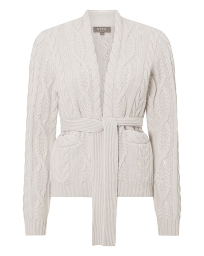 N.Peal Women's Cable Belted Cashmere Cardigan Snow Grey
