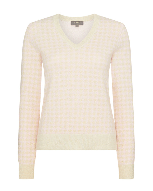 N.Peal Women's Lurex Houndstooth V Neck Cashmere Sweater Pink