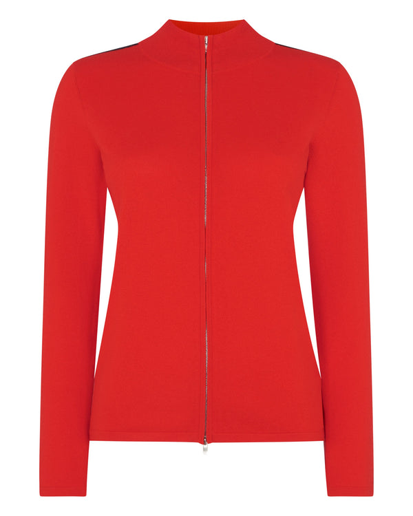 N.Peal Women's Stripe Sleeve Full Zip Sweater Red
