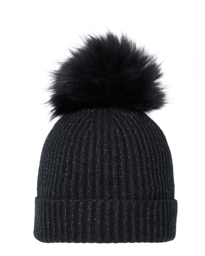 N.Peal Women's Ribbed Cashmere Hat With Detachable Pom Black Sparkle