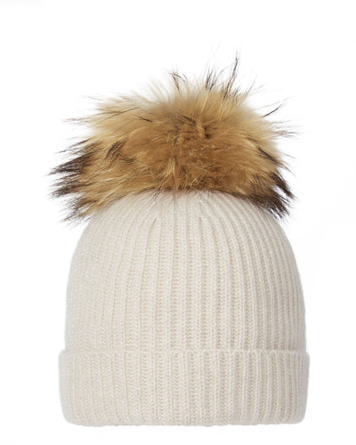 N.Peal Women's Ribbed Cashmere Hat With Detachable Pom Ecru White Sparkle