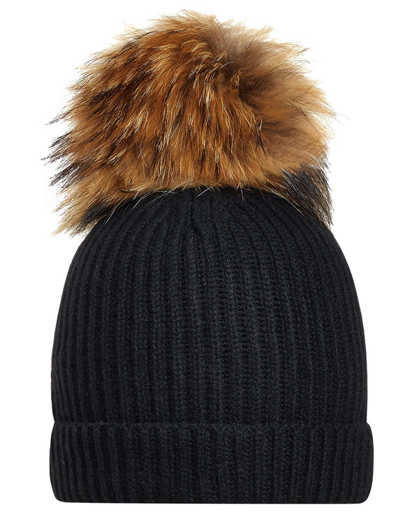 N.Peal Unisex Ribbed Cashmere Hat With Detachable Pom Black