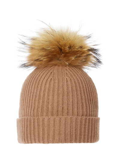 N.Peal Unisex Ribbed Cashmere Hat With Detachable Pom Dark Camel Brown