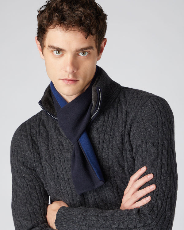 N.Peal Men's Two Tone Small Cashmere Scarf Navy Blue + French Blue