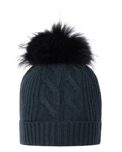 N.Peal Women's Cable Cashmere Hat With Fur Pom Grigio Blue