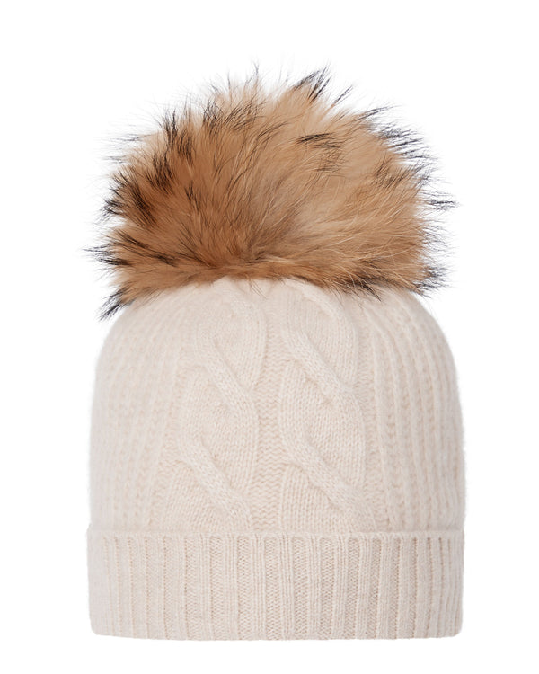 N.Peal Women's Cable Cashmere Hat With Fur Pom Heather Beige Brown