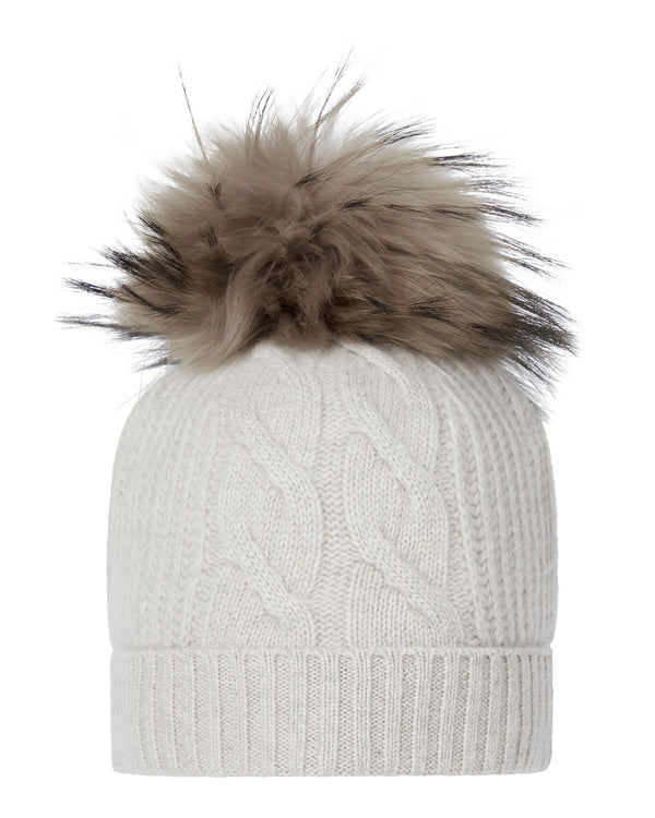 N.Peal Women's Cable Cashmere Hat With Fur Pom Pebble Grey